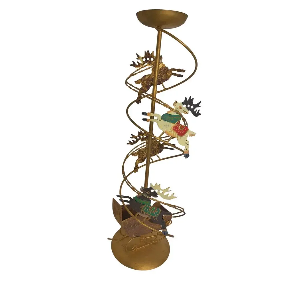 Vintage Christmas Brass Spiral Reindeer Sleigh Candle Holders Decor Set of 2